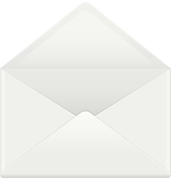 an open white envelope on a white background with clipping area for text or image