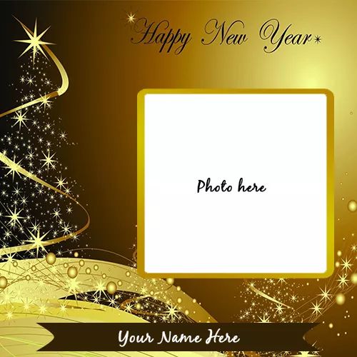 a happy new year photo frame with a gold christmas tree and stars in the background