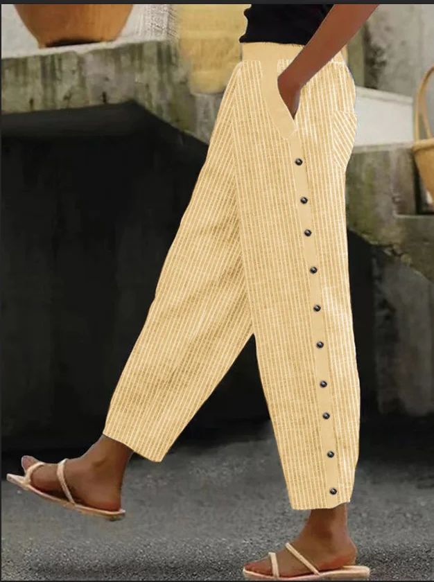 Women's Stripes Print Casual Trousers Baggy Summer Vacation Pants, Summer Vacation Baggy Pants, Casual Beach Bottoms With Buttons, Baggy Bottoms For Vacation, Casual Bottoms With Button Closure For Vacation, Baggy Summer Vacation Bottoms, Casual Vacation Bottoms With Button Closure, Relaxed Fit Bottoms With Button Closure For Beach, Relaxed Fit Beach Bottoms With Button Closure