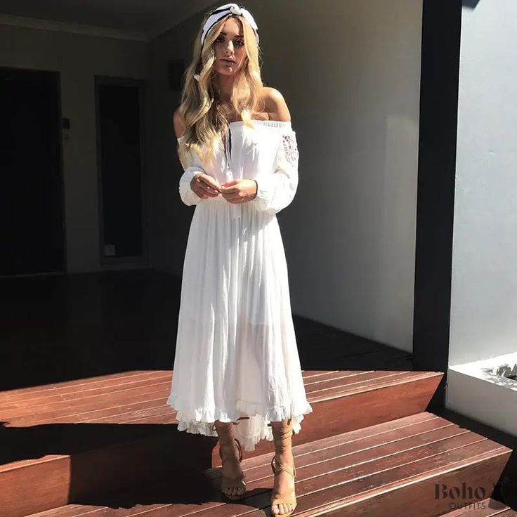 Try out this summer beach boho midi dress with crochet lace and long sleeves with an off-shoulder ruffle! Want to see more boho styles? Explore our full selection of Boho Dresses! Long Sleeve Off Shoulder Dress, Ruffle Crochet, Lace Bohemian Dress, Bohemian Lace Dress, Casual Long Dress, Boho Wear, Bohemian Crochet, High Low Maxi Dress, Crochet Lace Dress