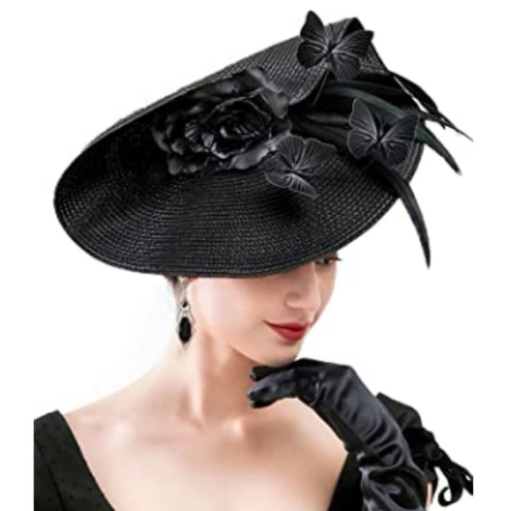 Feather,Fabric And Polyester Headband Or Clip Closure Black Fascinator Hats Material: Polyester And Feathers,Approximately 15 Inches Across And 4 Inches High Black Kentucky Derby Hat Beautifully Decorated With Pleat Fabric Flower And Fly Butterflies Surround,Elegant Derby Hats, Fancy Hat And Victorian Hats Several Of The Butterflies Are Individually Wired And Can Be Moved Around To Adjust Their Position And Height To Change The Look Of The Headpiece, Which Add Extra Elegance And Vivid To Your Vi Black Summer Fascinator For Formal Occasions, Black Summer Formal Fascinator, Fitted Black Chic Fascinator, Black Spring Party Headpiece, Black Fitted Chic Fascinator, Chic Black Fitted Fascinator, Black Headpieces For Spring Party, Spring Party Black Headpieces, Black Fascinator For Evening