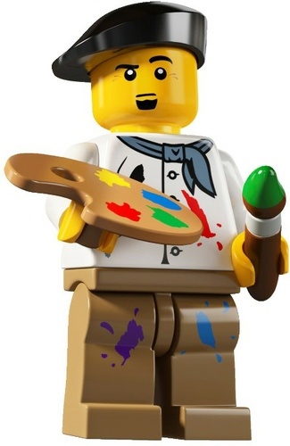 a lego man holding a paintbrush and palette