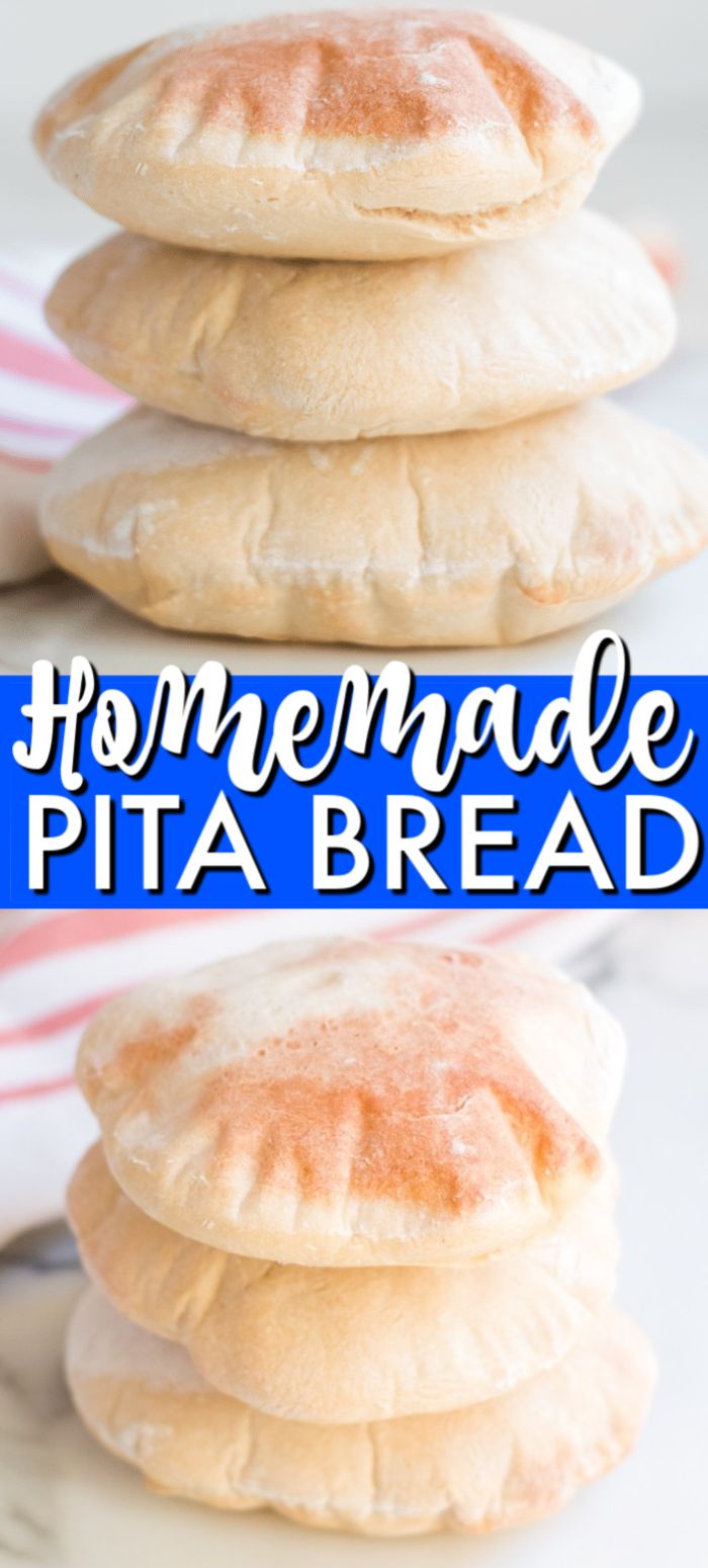 homemade pita bread stacked on top of each other with text overlay that reads homemade pita bread