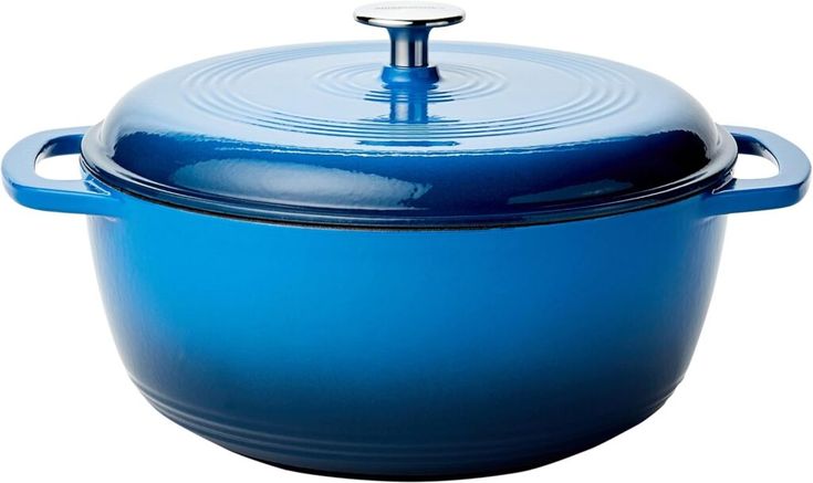 a blue casserole with a lid is shown