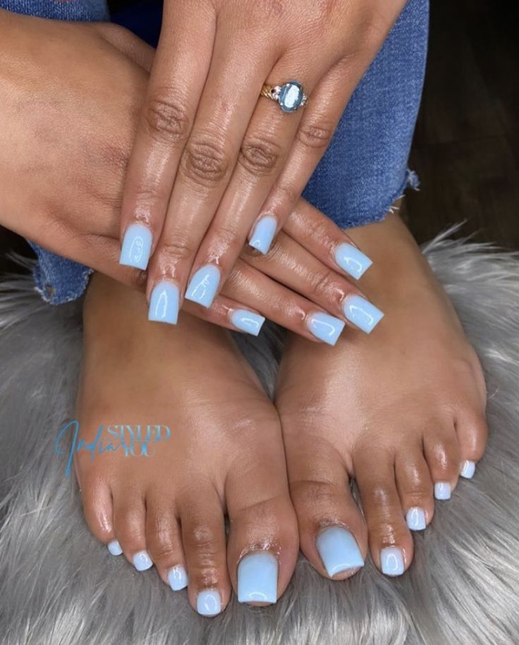 Trendy Nails Short Square Blue, Simple Cute Long Acrylic Nails, Soft Blue Nails Acrylic, Acrylic Full Set Nails, Vacation Nails Beach Puerto Rico, Blue Acrylic Short Nails, Cute Nails And Toes Matching, Short Solid Color Acrylic Nails, Solid Color Square Nails