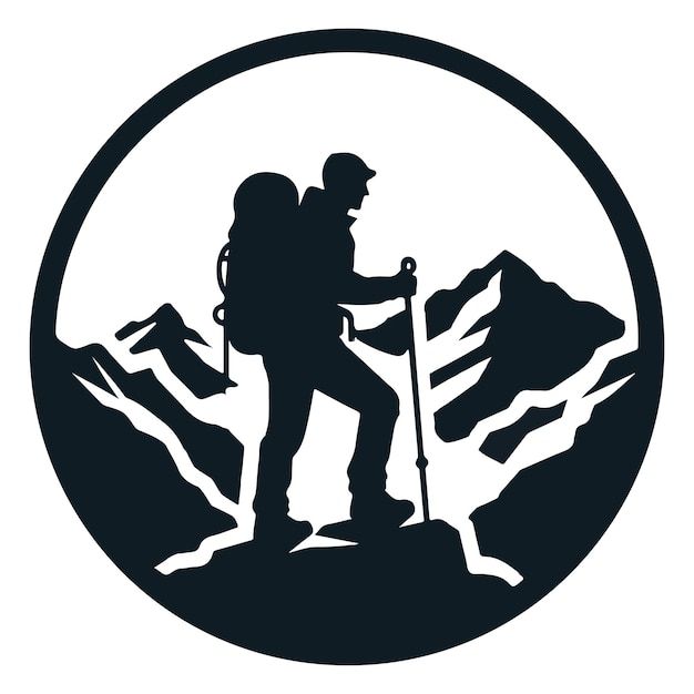 a hiker with backpack and hiking poles on top of a mountain silhouetted in a circle