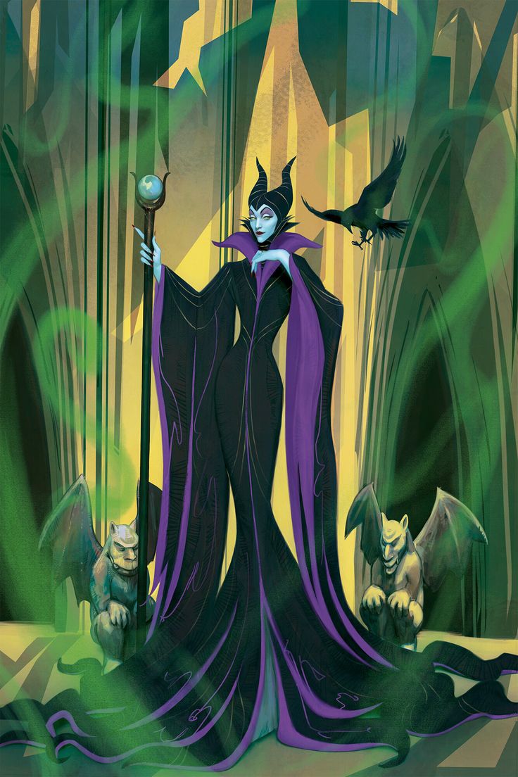 a painting of a maleficent in the woods holding a staff and two birds