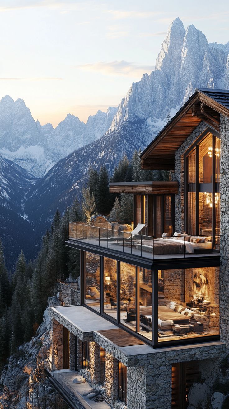 the house is surrounded by mountains and has glass windows on each side that look out onto the valley