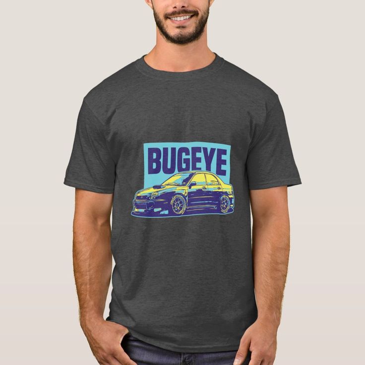 a man wearing a grey t - shirt with the words bugeye in blue and yellow