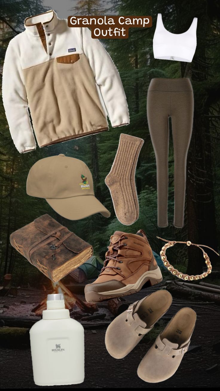 Brown leggings, white sports bra top, Patagonia synchilla snap up, don’t pollute dad hat, ariat hiking boots, leather bound journal, Birkenstock clogs, slouchy knit camp socks Brown Hiking Boots Outfit, Granola Aesthetic, Brown Hiking Boots, Camp Socks, Birkenstock Clogs, Patagonia Outfit, Hiking Boots Outfit, Birkenstock Outfit, Camping Vibes