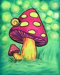 a painting of a mushroom with yellow dots on it's top and green background