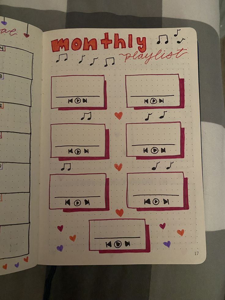 an open planner with notes and music notes on the pages in red, white, and blue