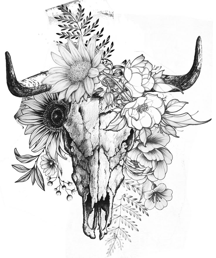 a bull skull with flowers on it's head is shown in black and white