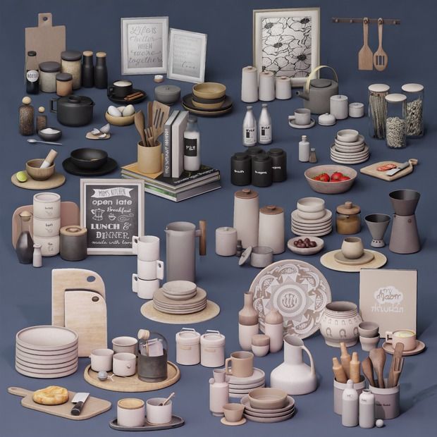 an assortment of pottery is displayed on a blue surface