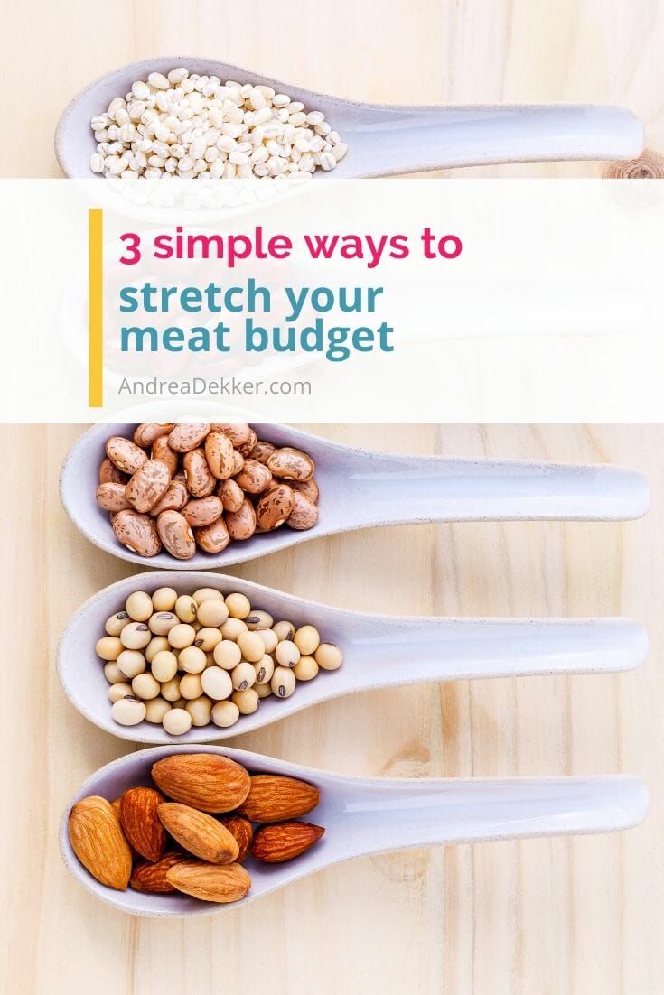 three spoons with different types of nuts in them and the words 3 simple ways to stretch your meat budget