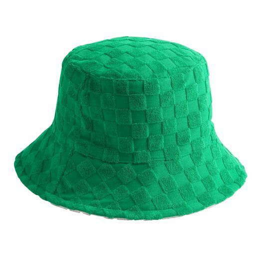 An ontrend accessory for days spent at the beach or by the pool, this sun-shading bucket hat is made of soft terry-cloth fabric in a reversible design. It features an ivory abstract design on one side and green checkered print on the other for two fun looks in one. Bucket Hat Aesthetic, Green Bucket Hat, Hat Aesthetic, Green Checkered, Reversible Bucket Hat, Checkered Print, Green Hats, Bucket Hats, World Market