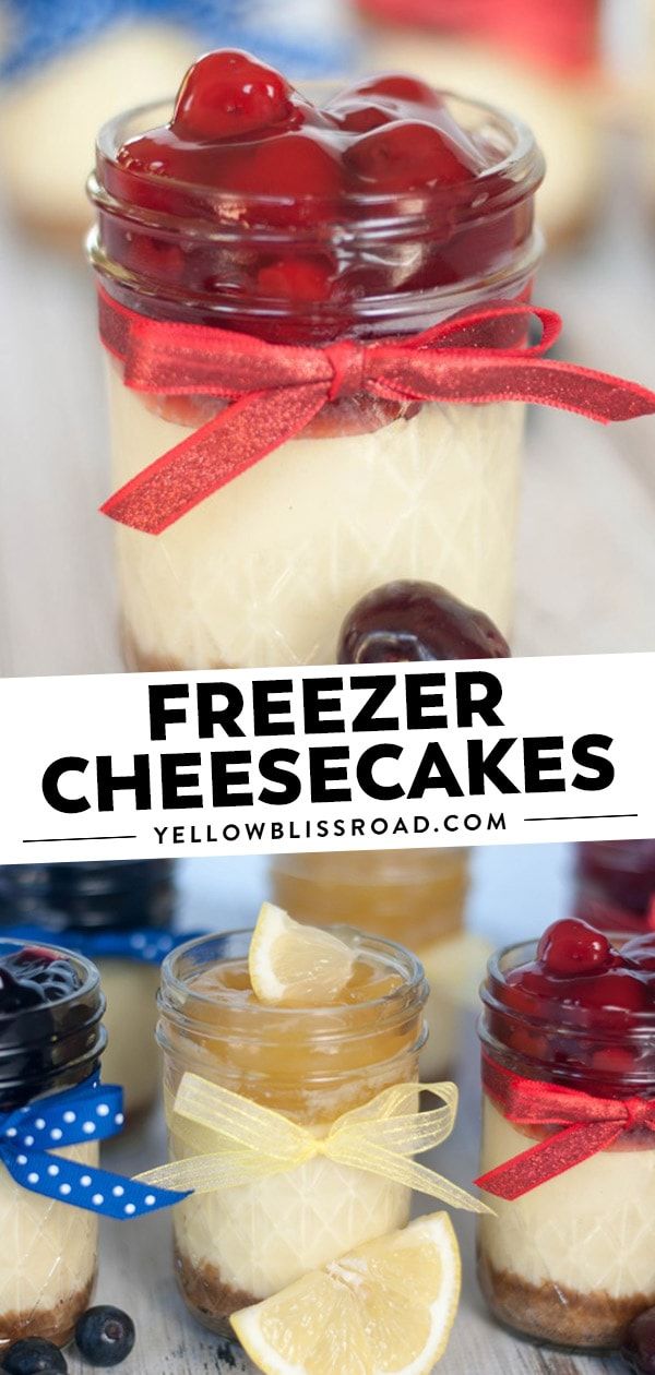 a jar filled with cheesecakes and topped with cherries