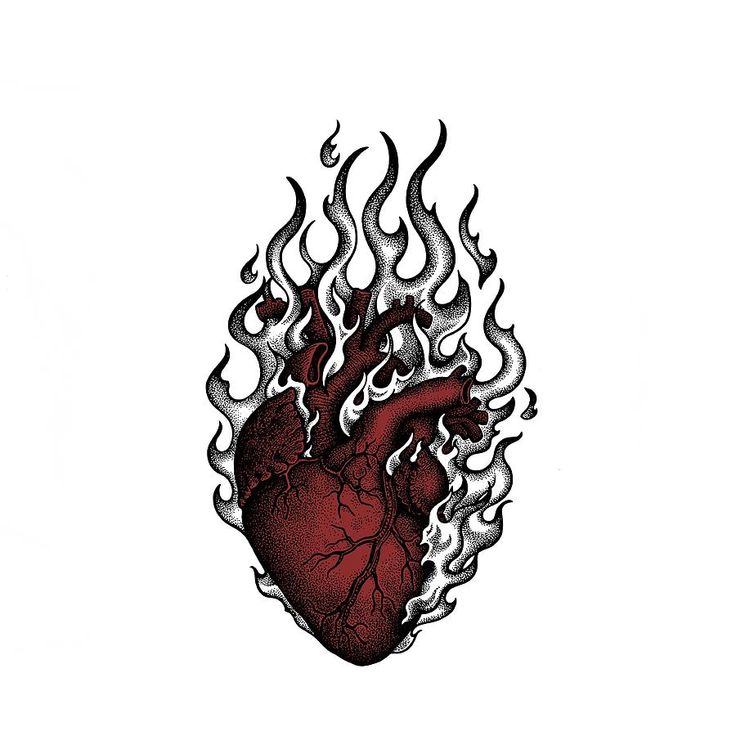 a drawing of a heart with flames coming out of it's center and back