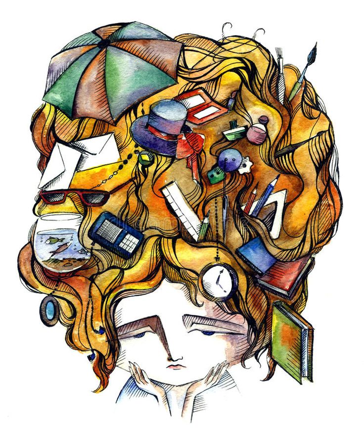 a drawing of a woman with many things on her head