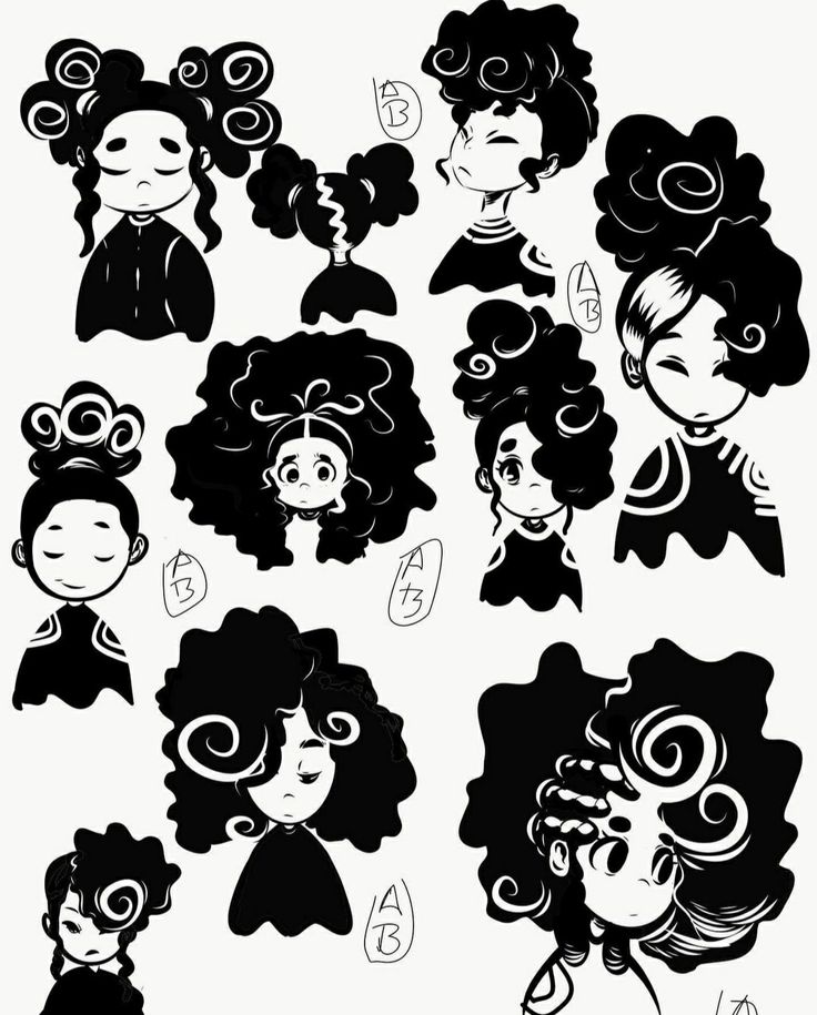 the silhouettes of different women with curly hair are shown in black and white colors