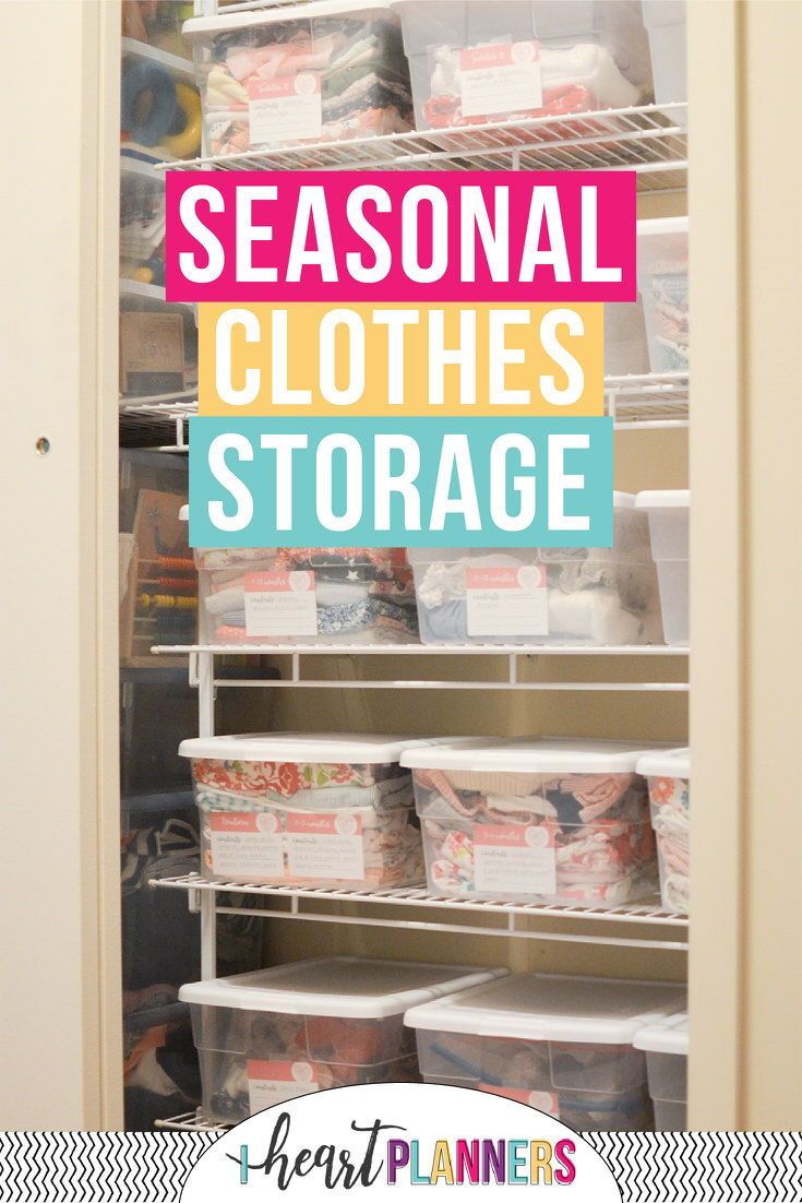 an organized closet with plastic bins and labels on the shelves that says seasonal clothes storage