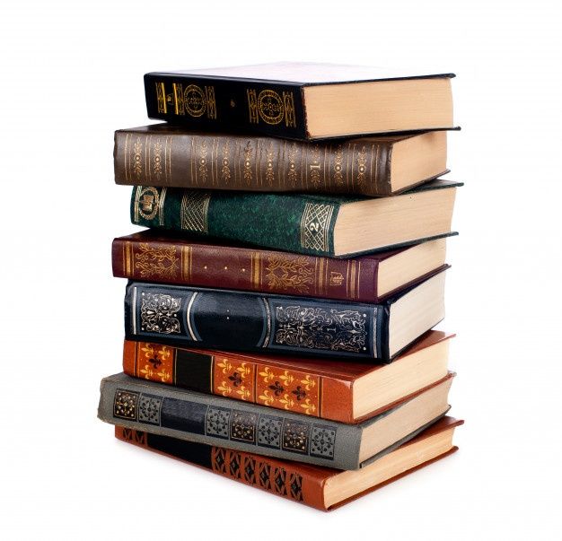 several books stacked on top of each other in front of a white background with the word,