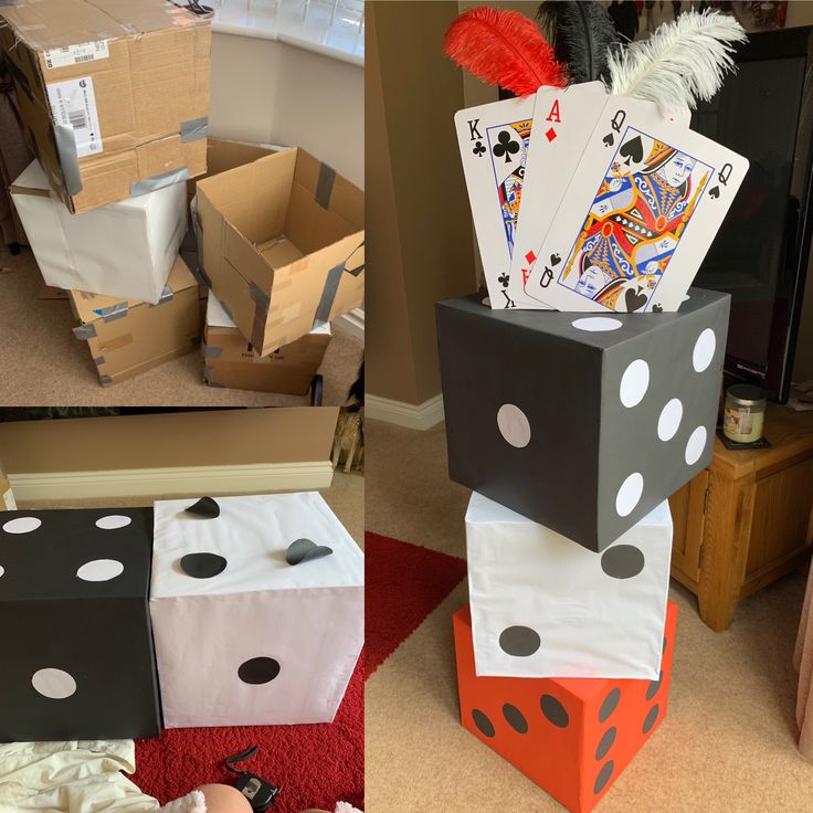 three different pictures of playing cards and dices on the floor in front of boxes