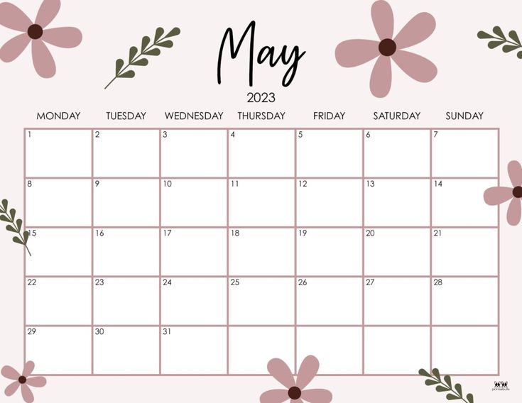 a calendar with pink flowers on it and the word may written in black ink, is shown