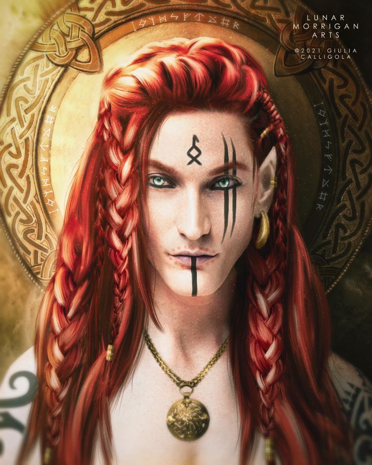 a woman with long red hair and cross on her face is depicted in this digital painting