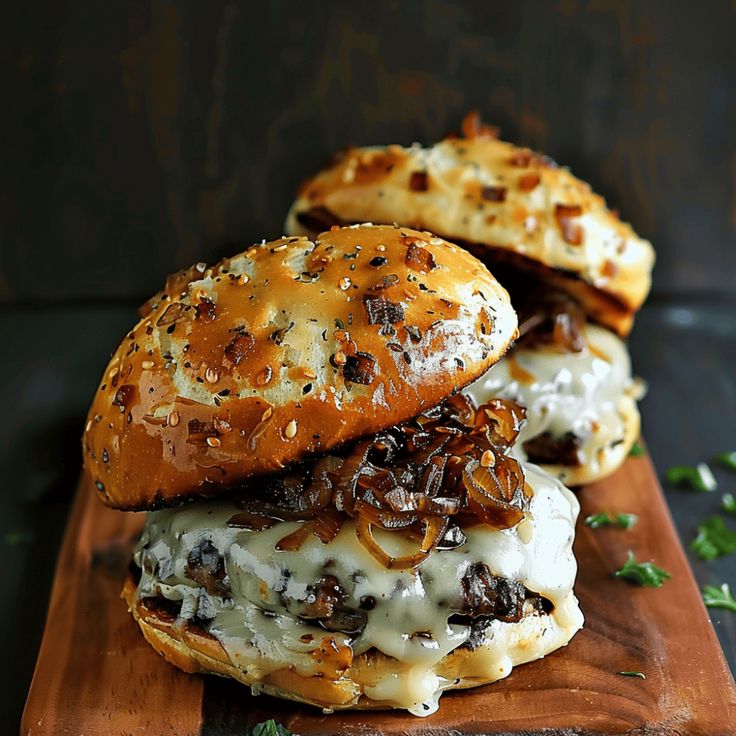 two cheeseburgers on a wooden cutting board with parmesan and other toppings