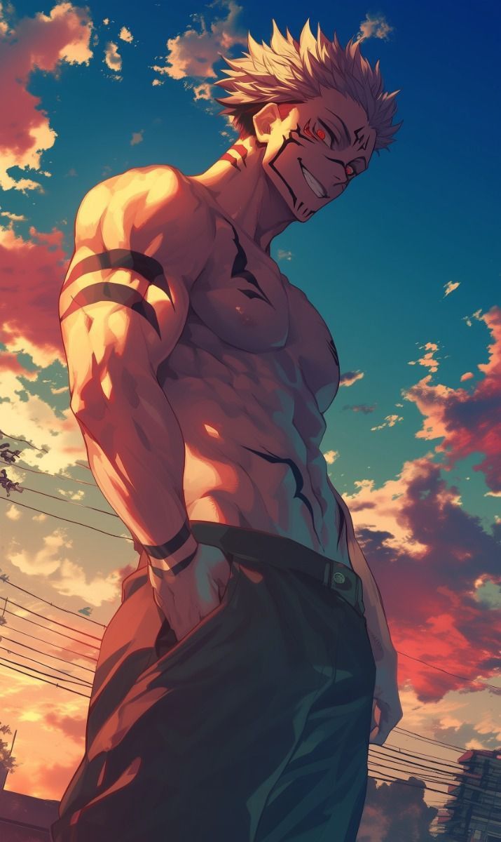 an anime character is standing in front of the sky with his hands on his hips