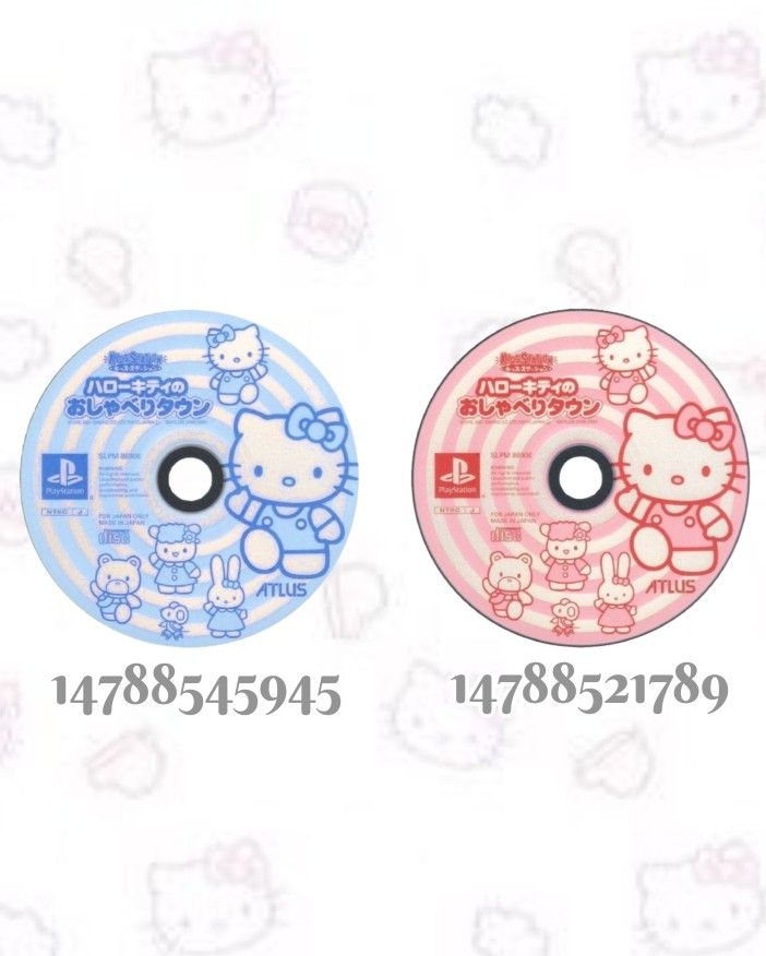 two hello kitty designs are shown on the same surface as each other, with different colors and sizes