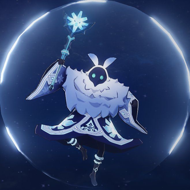 a cartoon character holding an ice flake in front of a blue circle with snowflakes on it