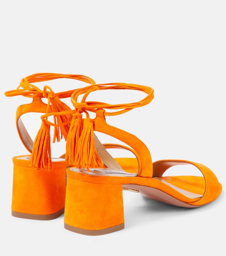 Alu tasseled suede sandals in orange - Aquazzura | Mytheresa Leather Heels With Tassels, Spring Leather Heels With Tassels, Elegant Summer Sandals With Tassels, Elegant Open Toe Sandals With Tassels, Summer Leather Heels With Tassels, Leather Summer Heels With Tassels, Leather Open Toe Sandals With Tassels, Open Toe Sandals With Tassels, Suede Lace-up Sandals With Open Heel