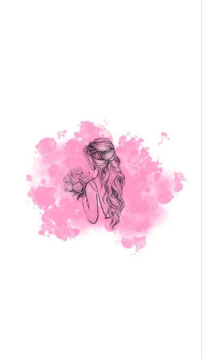 a drawing of a girl with long hair and flowers in her hand, against a pink background