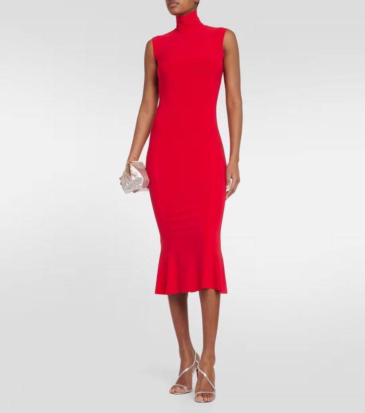 Turtleneck jersey midi dress in red - Norma Kamali | Mytheresa High Neck Bodycon Midi Dress In Elastane, Fitted Elastane Midi Dress, Party Ruched Midi Dress In Elastane, Ruched Elastane Midi Dress, Fitted High Neck Elastane Midi Dress, Ruched Midi-length Elastane Dress, Knee-length Stretch Maxi Dress For Cocktail, Stretch Knee-length Maxi Dress For Cocktail, Cocktail Knee-length Stretch Maxi Dress