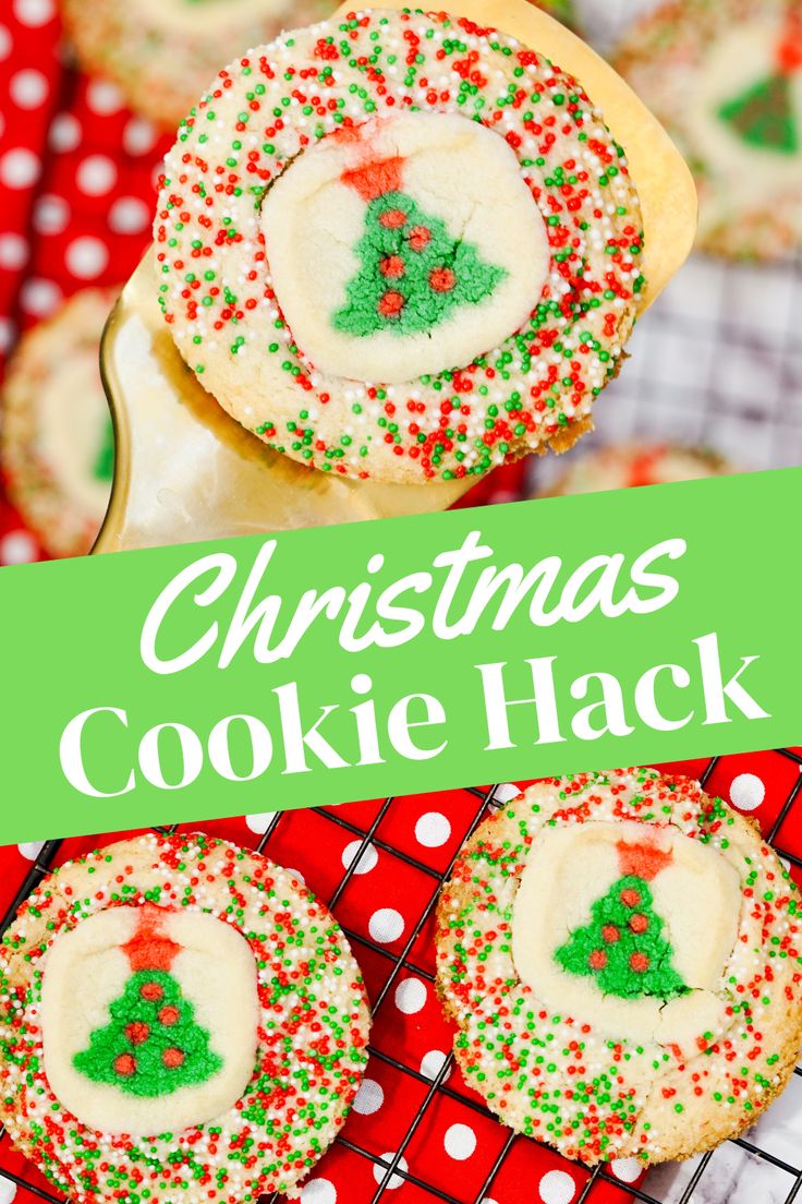 christmas cookie hack recipe on a cooling rack with cookies and sprinkles in the background