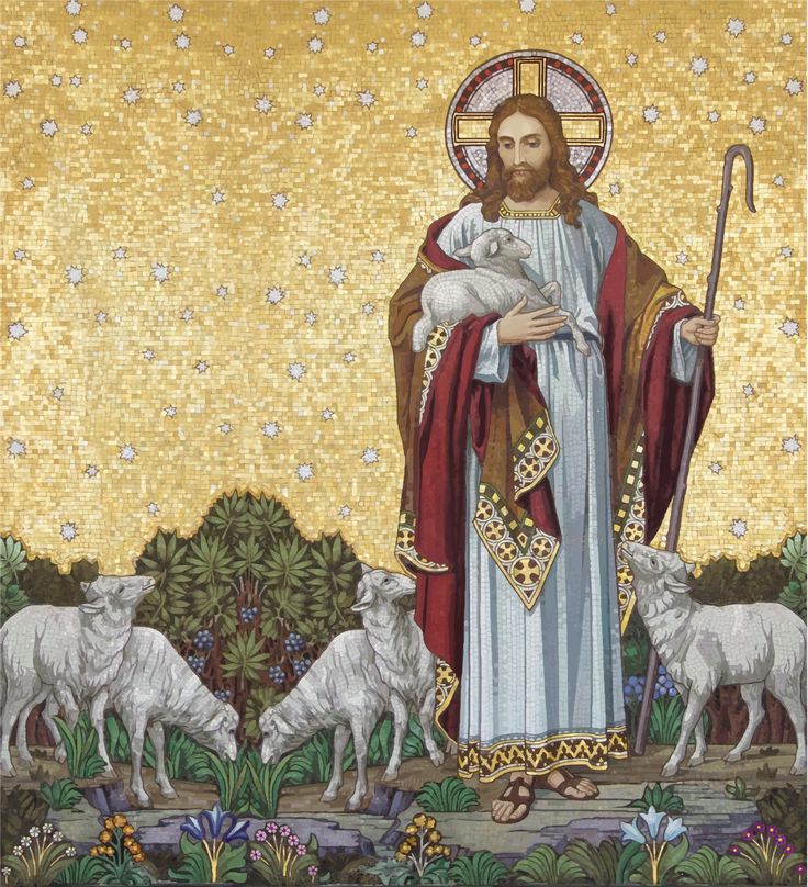 an image of jesus holding a lamb and three sheeps in front of a golden background