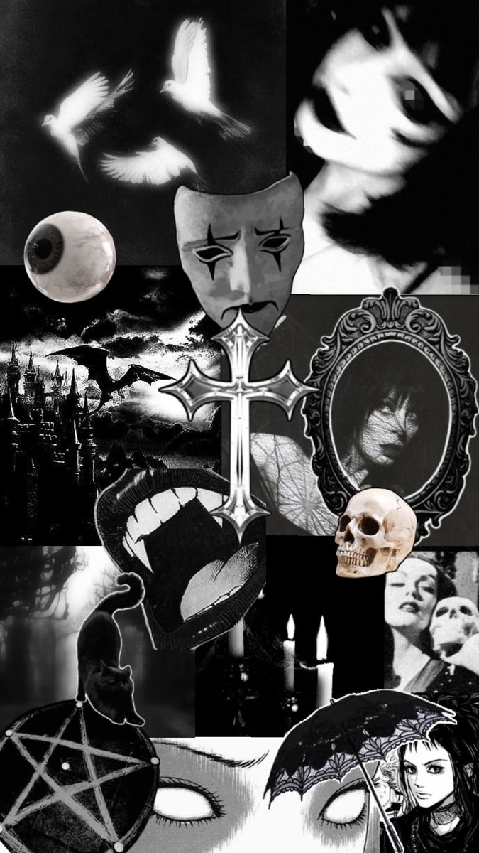 black and white collage with masks, skulls, candles and other things in the background