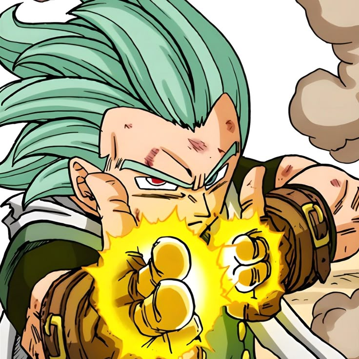 an anime character with green hair holding a yellow object