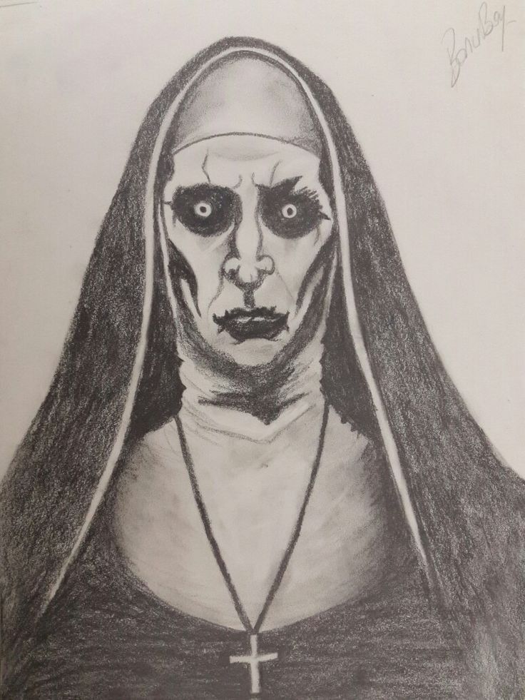 a drawing of a nun holding a cross in her hand and staring at the camera