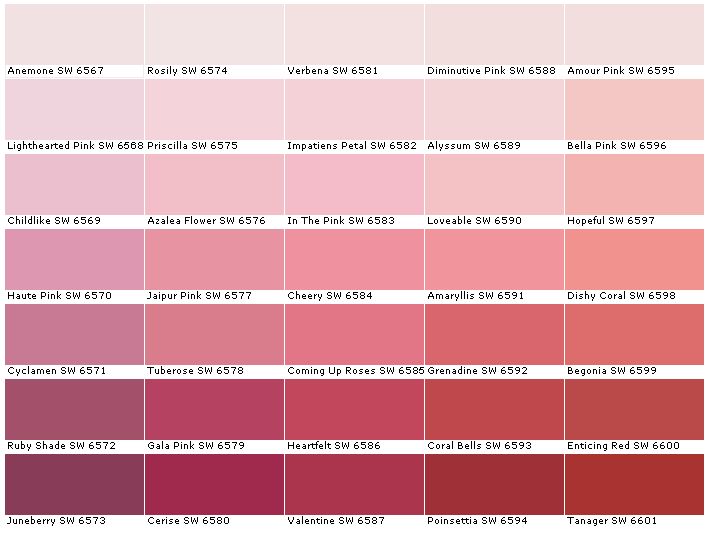 the color chart for different shades of pink and red