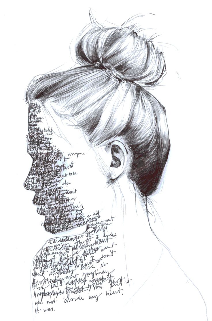 a drawing of a woman's profile with her hair in a bun and writing on the side