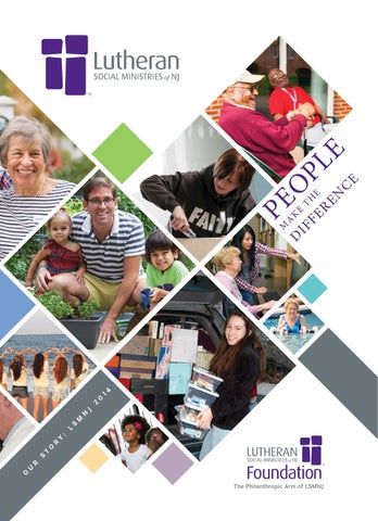 a brochure with many pictures of people and their families in squares on it