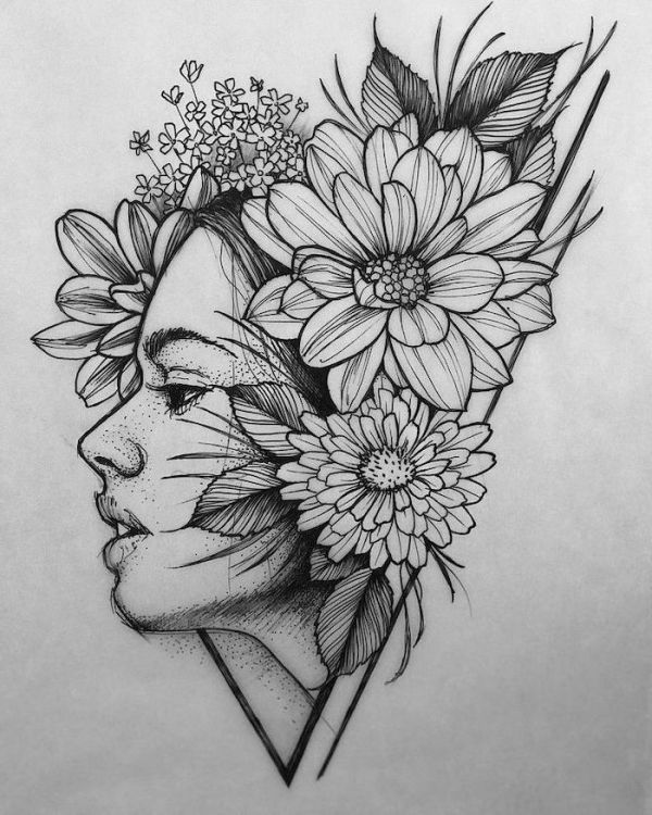 a drawing of a woman's face with flowers in her hair and an arrow