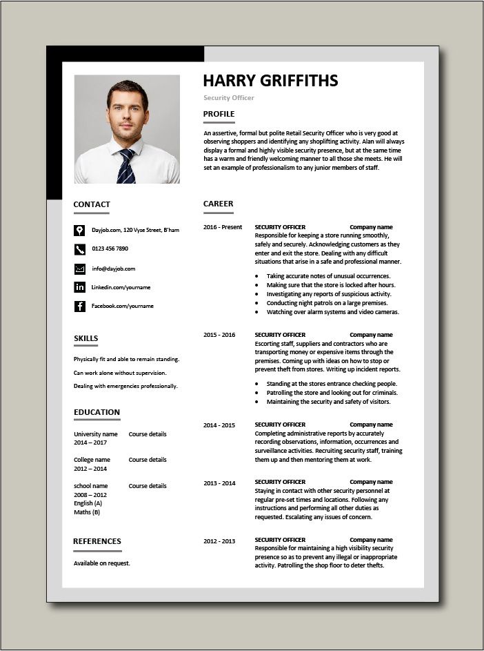 a professional resume template is shown in this file, it includes an image of a man's face