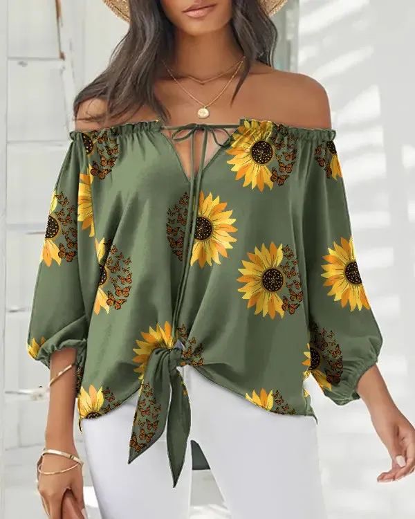 Lasaky - Sunflower Butterfly Print Off-the-Shoulder Top Mode Prints, Ladies Chiffon Shirts, Off Shoulder T Shirt, Tie Dye Blouse, Women Bodycon Dress, Shirts Women Fashion, Vintage T Shirts, Top Plus Size, Chiffon Shirt