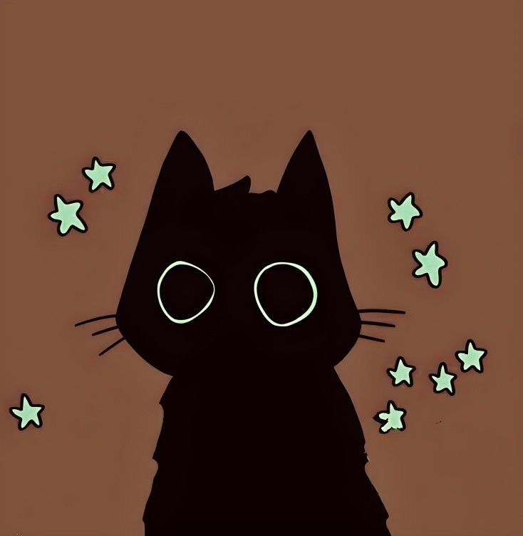 a black cat with glowing eyes and stars in the background