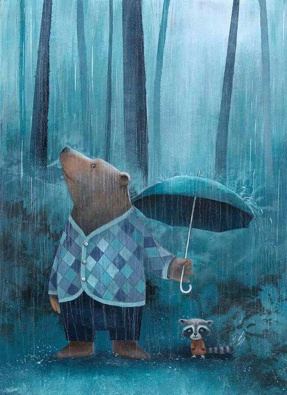 a painting of a bear holding an umbrella in the rain with a raccoon