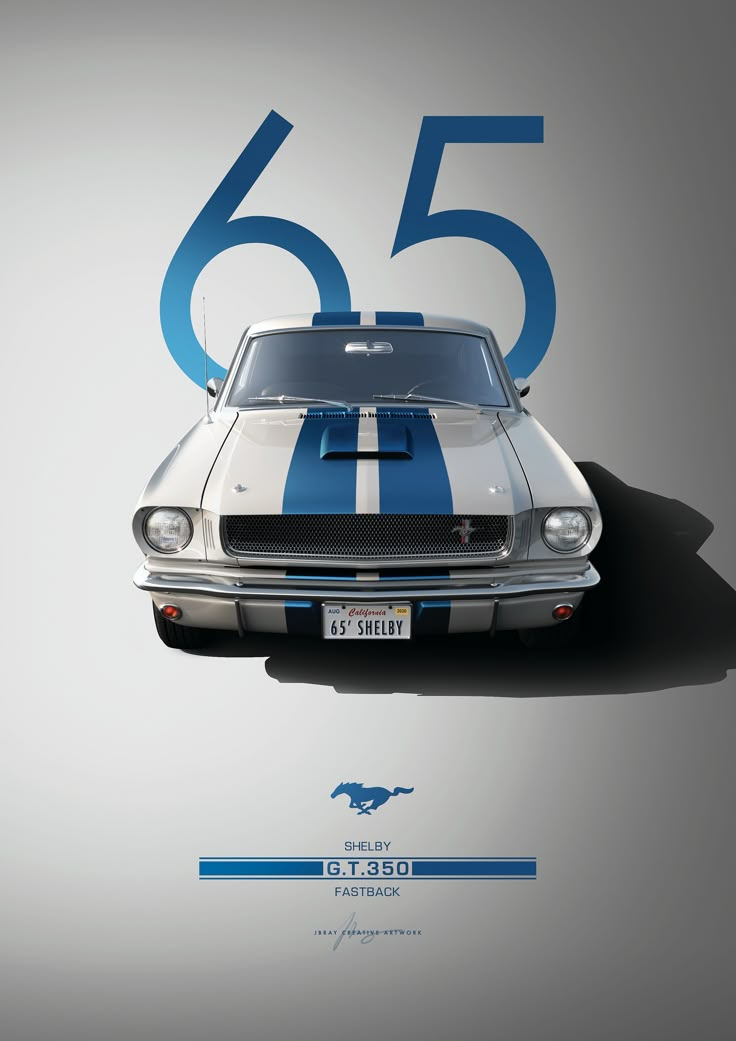 an old mustang muscle car with the number 65 on it's front and side stripes